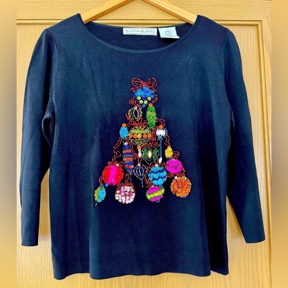 Vintage Lucia Burns Quarter Sleeve Scoop Neck Sequinced Christmas Tree Sweater